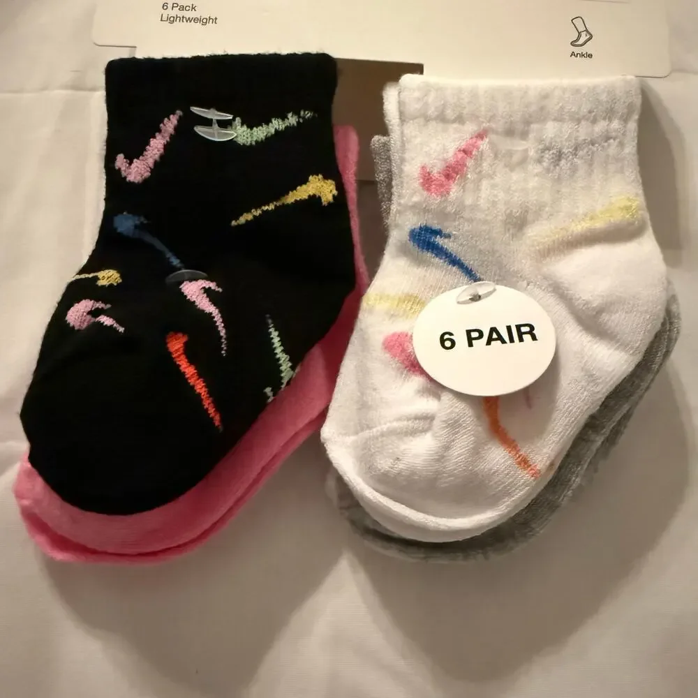 Nike Baby 6 Pk Multicolor Ankle Cotton Cushion Swoosh Logo Sock Set Sz 6-12 MO